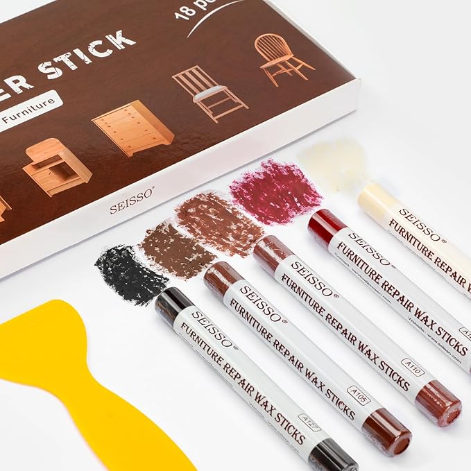 SEISSO Wood Filler Sticks – 18 Color Wax Crayons for Furniture Repair