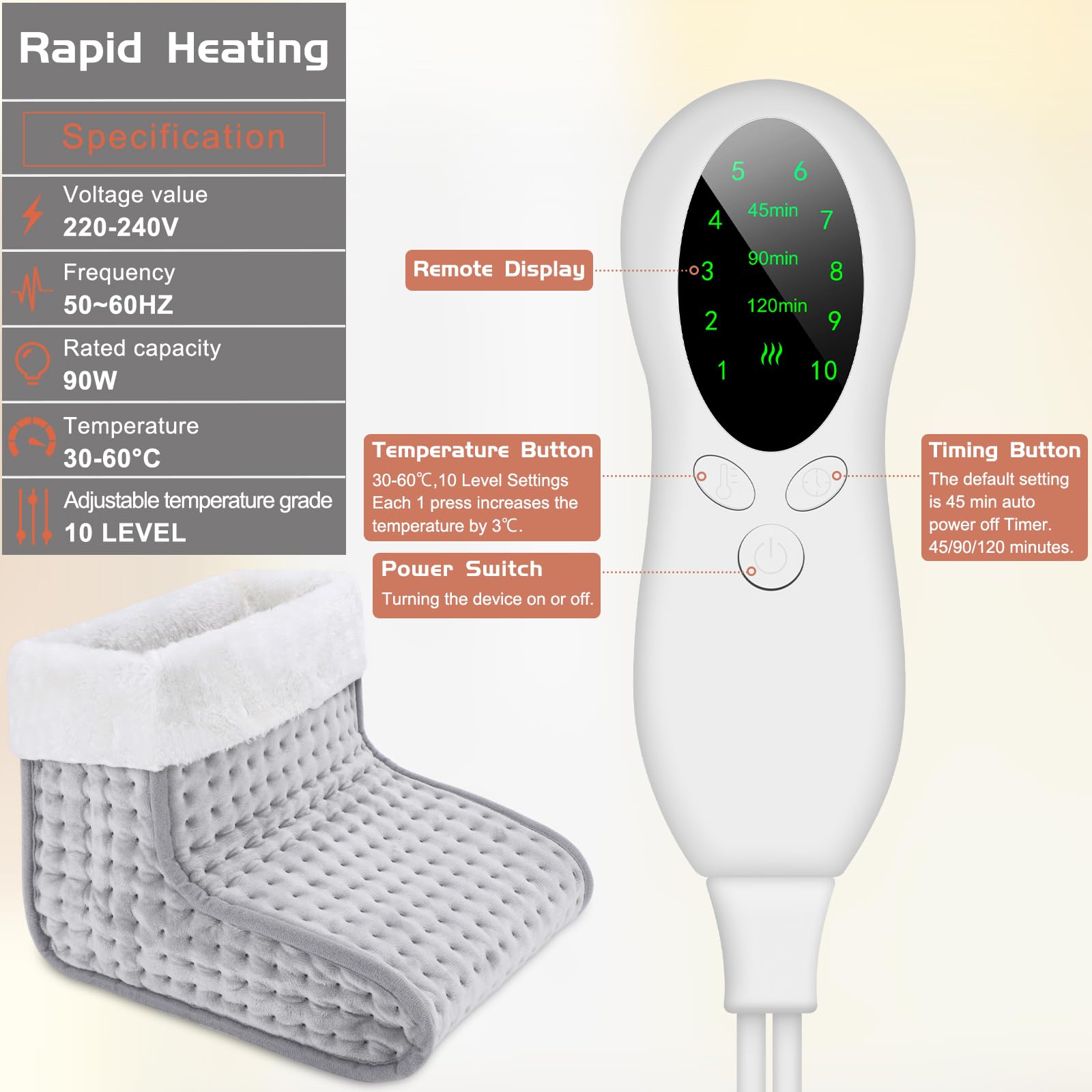 EU Plug – Double-Speed Heating Foot Warmer, 10 Adjustable Levels, Multi-Safety Protection, Washable Inner Lining | DEWEL