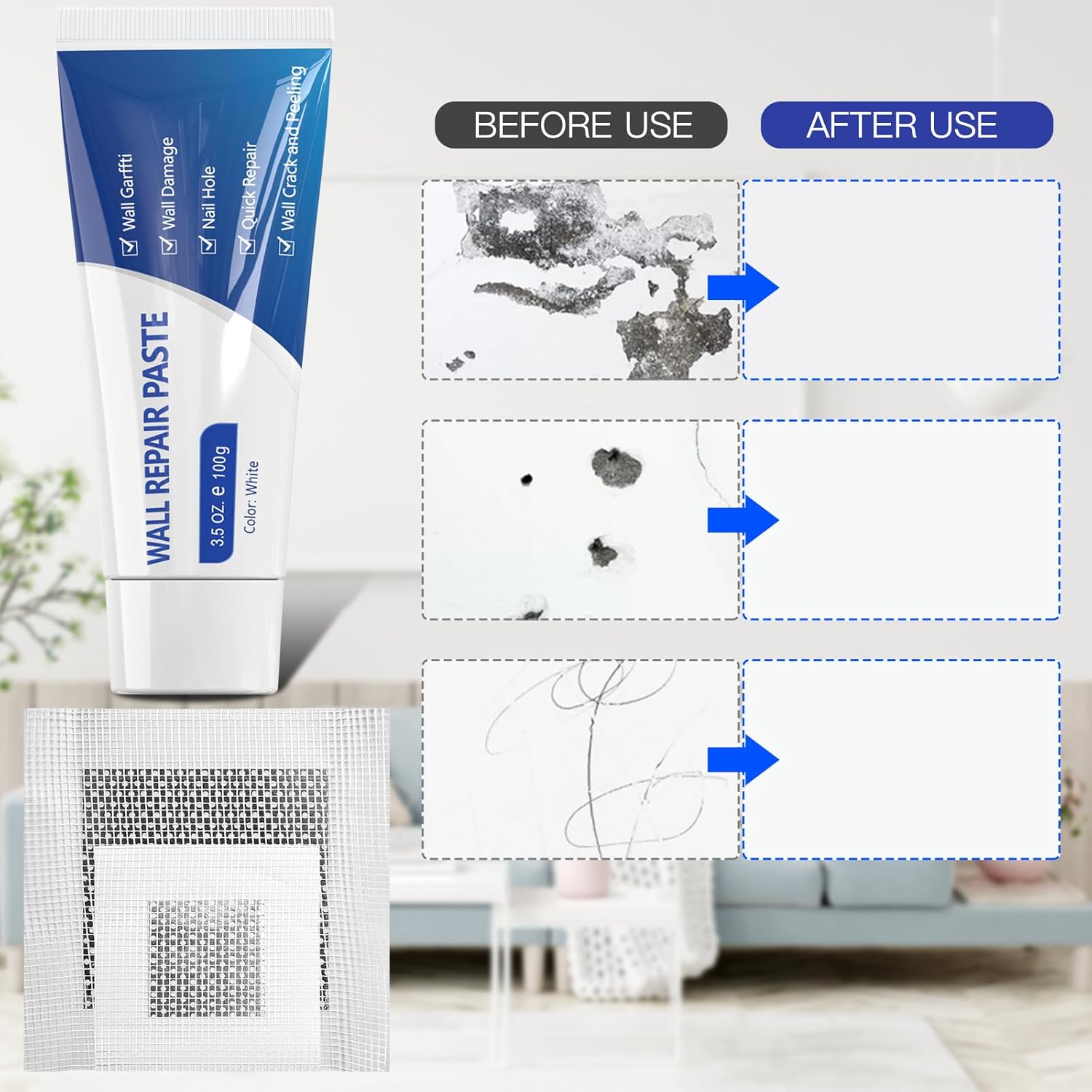 SEISSO Drywall Repair Kit – 3×100g Paste with Patches, Scraper & Sandpaper
