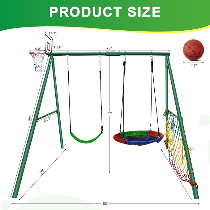 CYFIE Kids Outdoor Swing Set with Metal Frame, Saucer & Belt Swings, Basketball Hoop, Soccer Goal