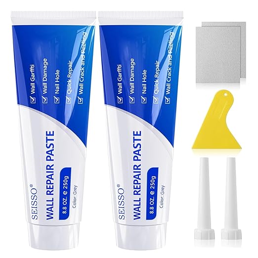 SEISSO Grey Wall Repair Kit – 2 Pack 500g Spackle with Scraper & Nozzle