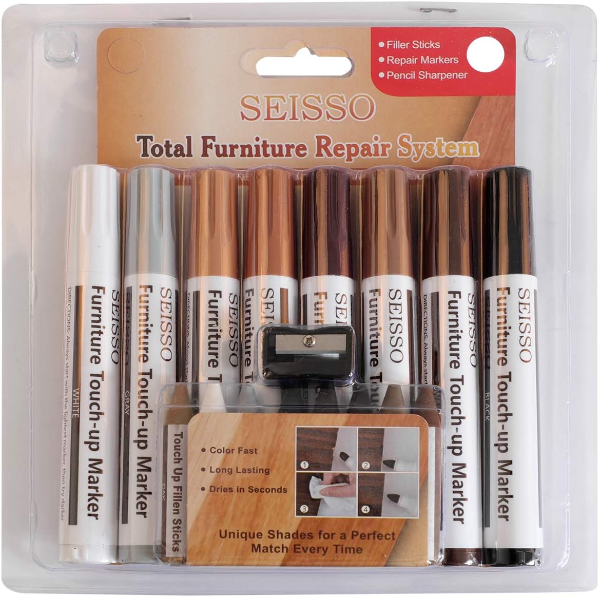 SEISSO Furniture Repair Markers Kit 17PCS Wood Touch Up Markers and Wax Sticks with Sharpener