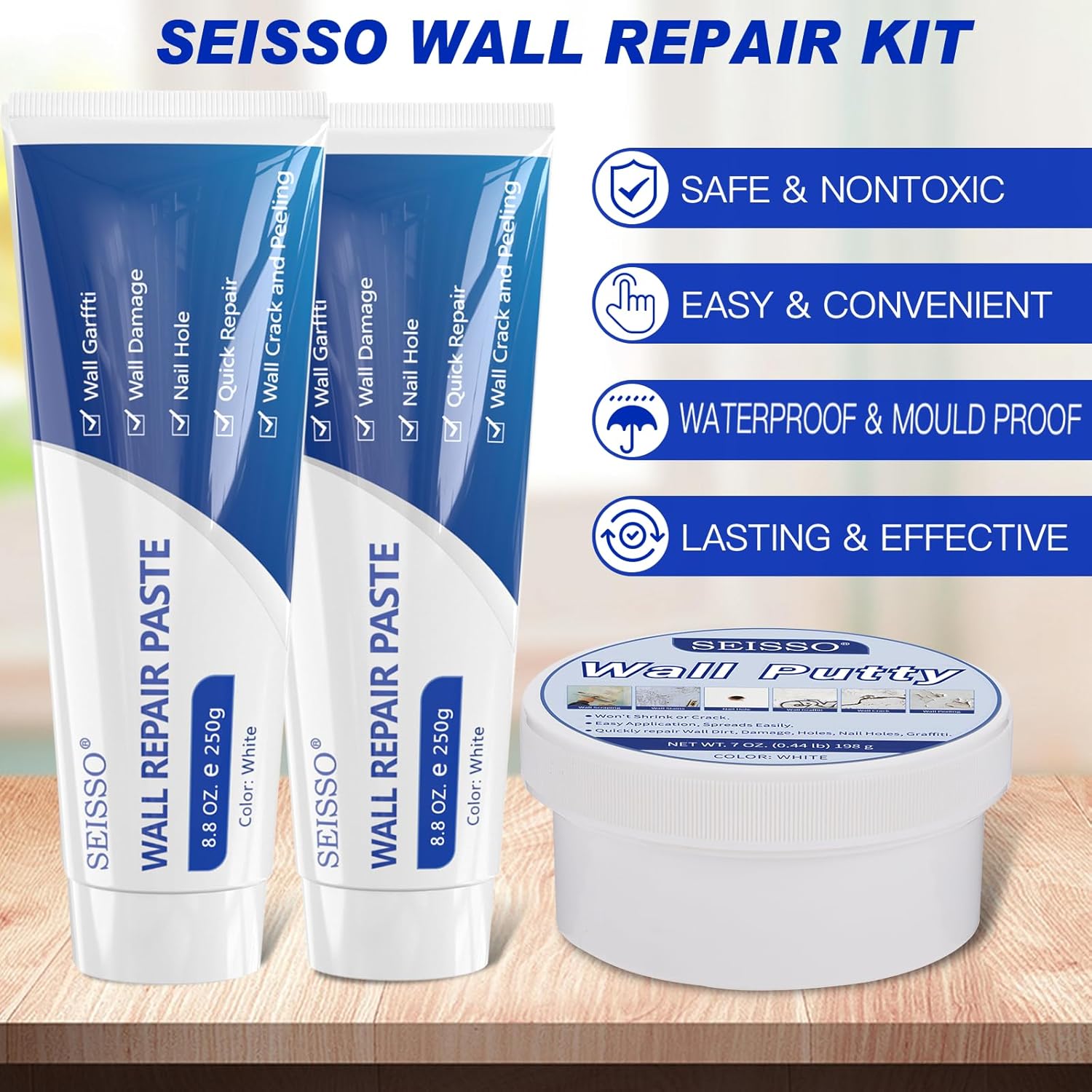 SEISSO Drywall Repair Kit – 2×250g White Wall Putty with Repair Tape & Patches