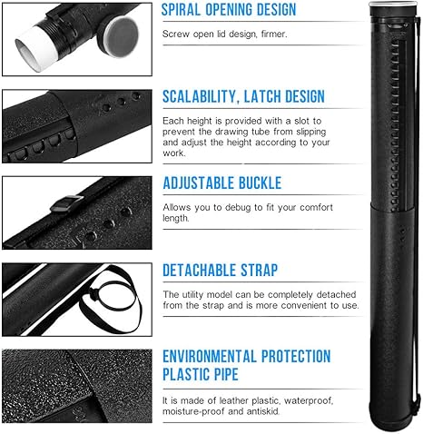 DEWEL Adjustable Document Tube 24.5-40 Inch Waterproof Plastic Storage Case with Strap