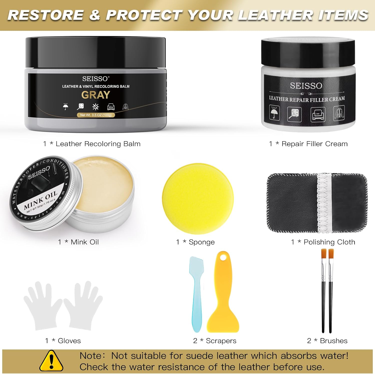 SEISSO Gray Leather Repair Kit – Furniture & Car Seat Scratch Restorer