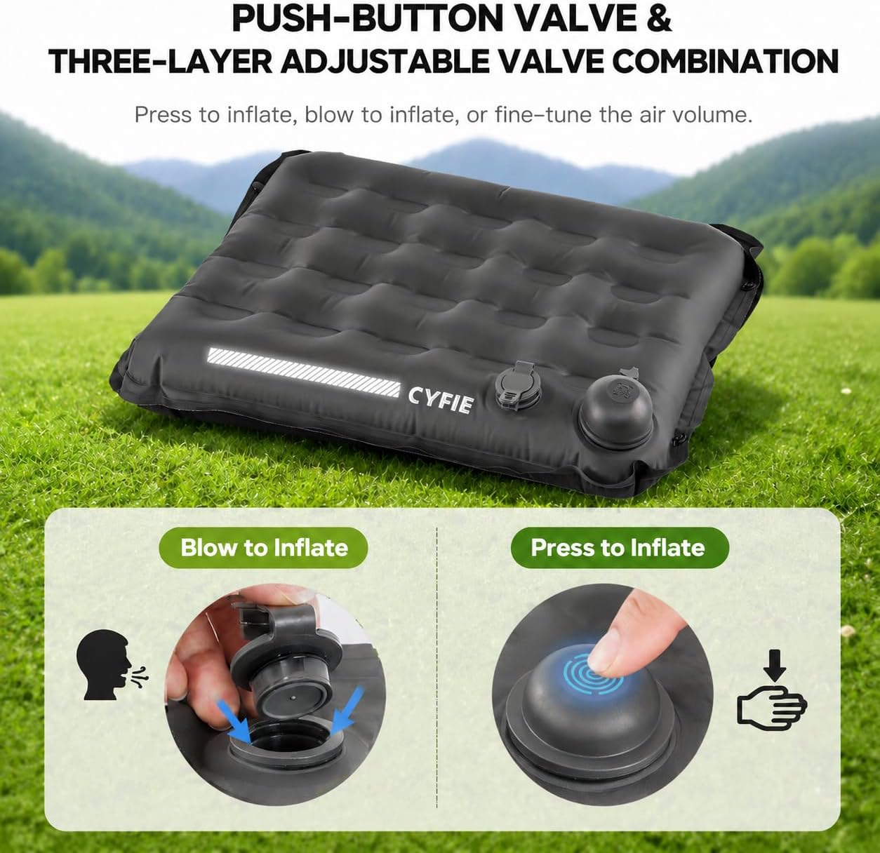 Cyfie Inflatable Seat Cushion for Travel, Portable Stadium Seat | 2.8" thick inflatable cushion, lightweight, water-resistant, ideal as an airplane seat cushion, camping pad and outdoor seat