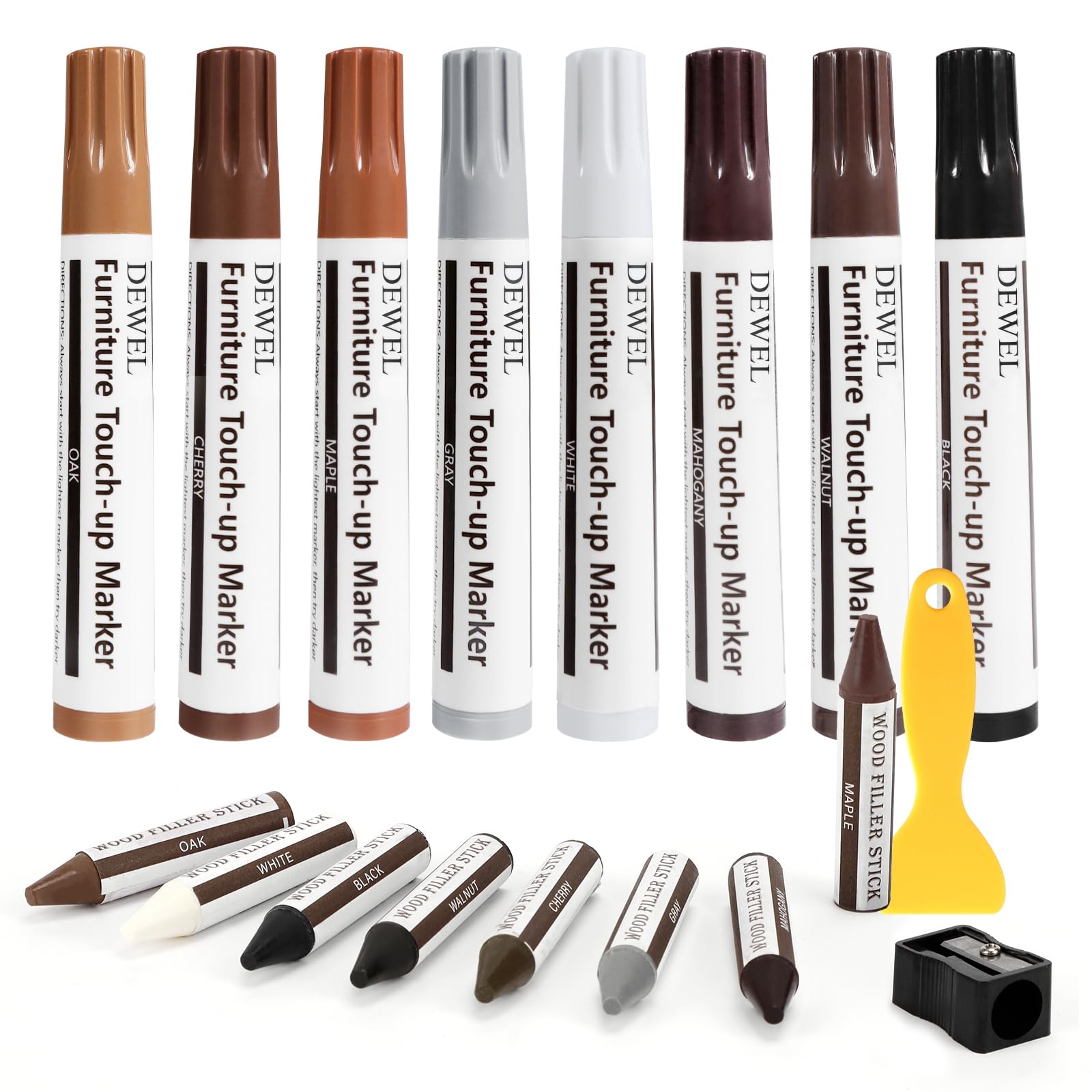 DEWEL 42PCS Wood Furniture Repair Kit – Upgrade Wood Filler, Touch Up Markers & Wax Sticks for Scratches, Cracks & Holes