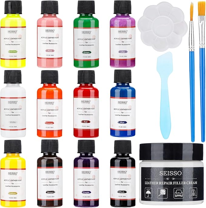 SEISSO Leather Paint Kit – 12 Colors with Filler for Shoes & Repairs