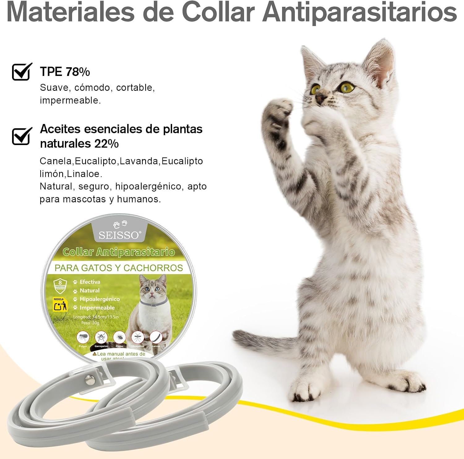 SEISSO 2 Flea Collars for Cats, Set of 2 Flea and Tick Collar with 6-8 Months Protection, Anti-Parasitic Collar 34.5 cm Adjustable for Small Dogs and Cats, Grey