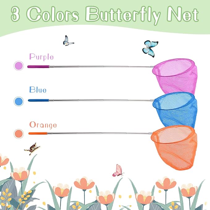 DEWEL 3 Pack Kids Telescopic Butterfly and Insect Nets with Pop-up Mesh Cage and Tweezers