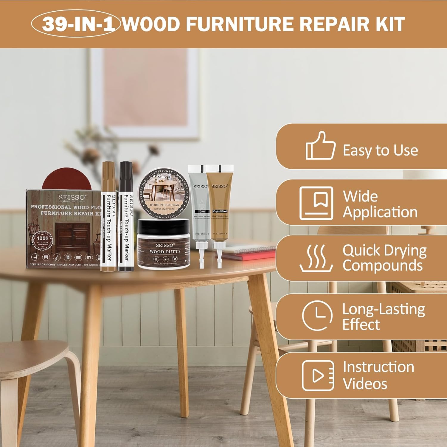 SEISSO Wood Furniture Repair Kit 39 Sets-12 Colors Wood Fillers with Fillers & Markers