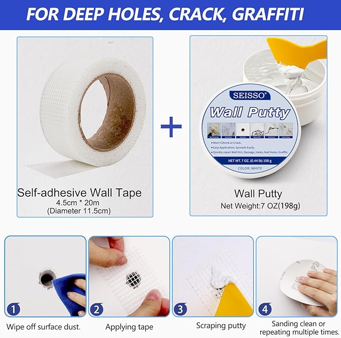 SEISSO Drywall Repair Kit – 2×250g White Wall Putty with Repair Tape & Patches
