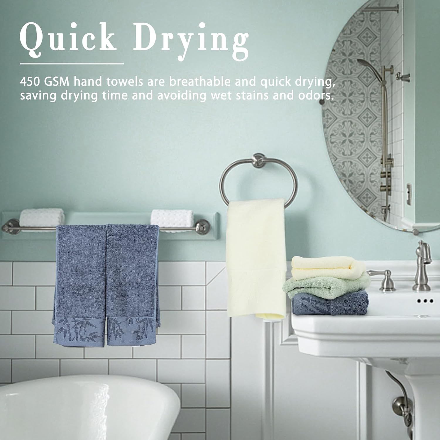 SEISSO Bamboo Hand Towels 6 Pack Soft Absorbent Quick Drying Bathroom Towels 13x29 Blue