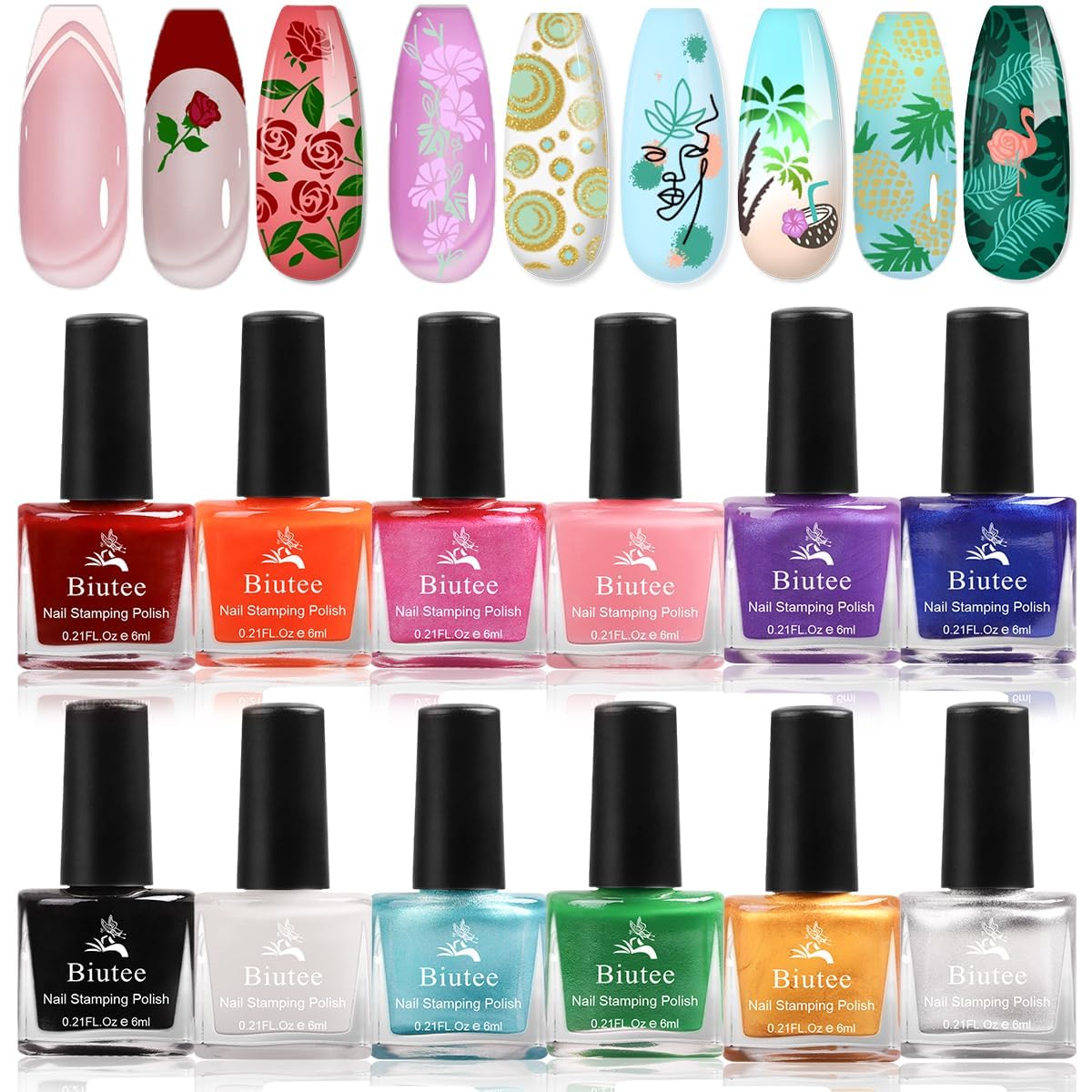 Biutee Nail Stamping Polish – 12 Colors 6ml Air Dry Set for Stamping Plates with Gift Box