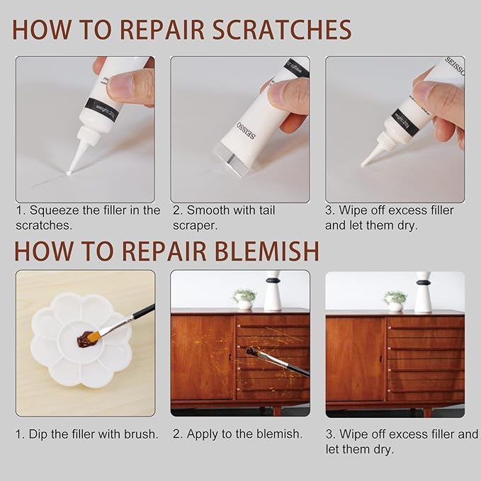 SEISSO Wood Furniture Repair Kit – 28pcs Fillers & Markers for Scratches & Cracks