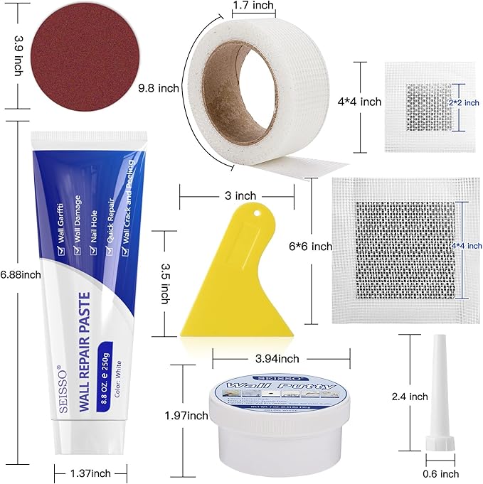 SEISSO Drywall Repair Kit – 2×250g White Wall Putty with Repair Tape & Patches