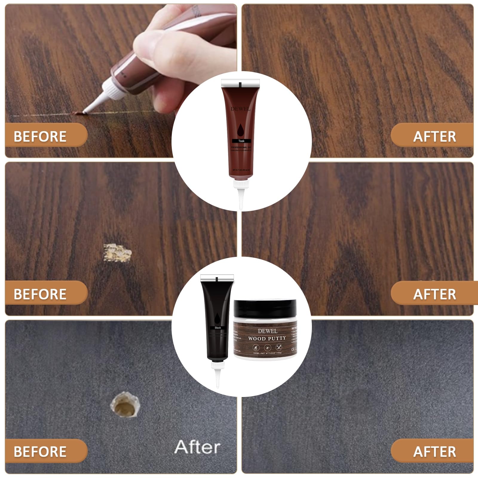 DEWEL 42PCS Wood Furniture Repair Kit – Upgrade Wood Filler, Touch Up Markers & Wax Sticks for Scratches, Cracks & Holes