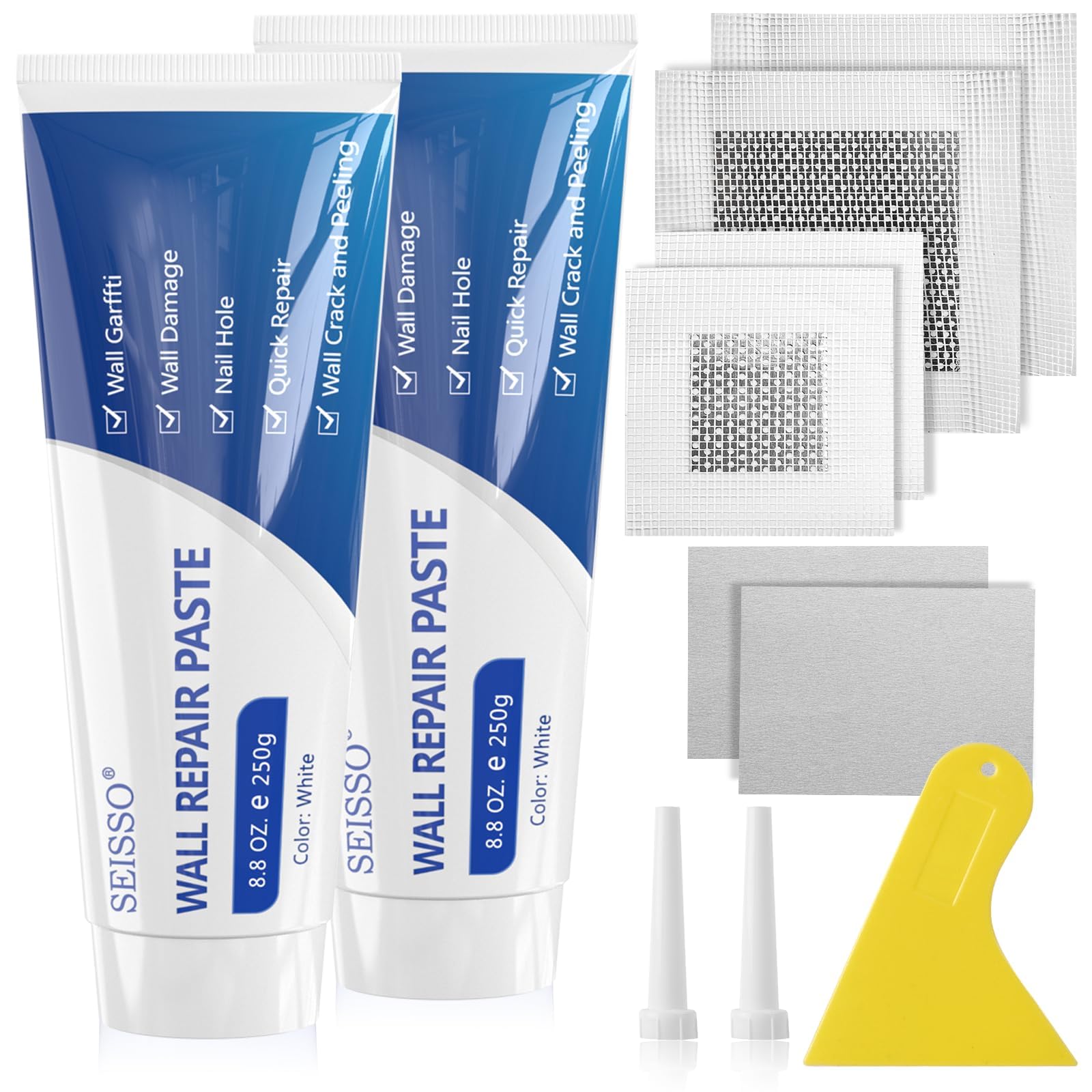 SEISSO Drywall Repair Kit, 500 g Wall Mending Agent- 2 Pack, Wall Spackle Repair Kit with Scraper, Patch for Wall Hole Filler, White Spackle Wall Repair Paste, Plaster Dent