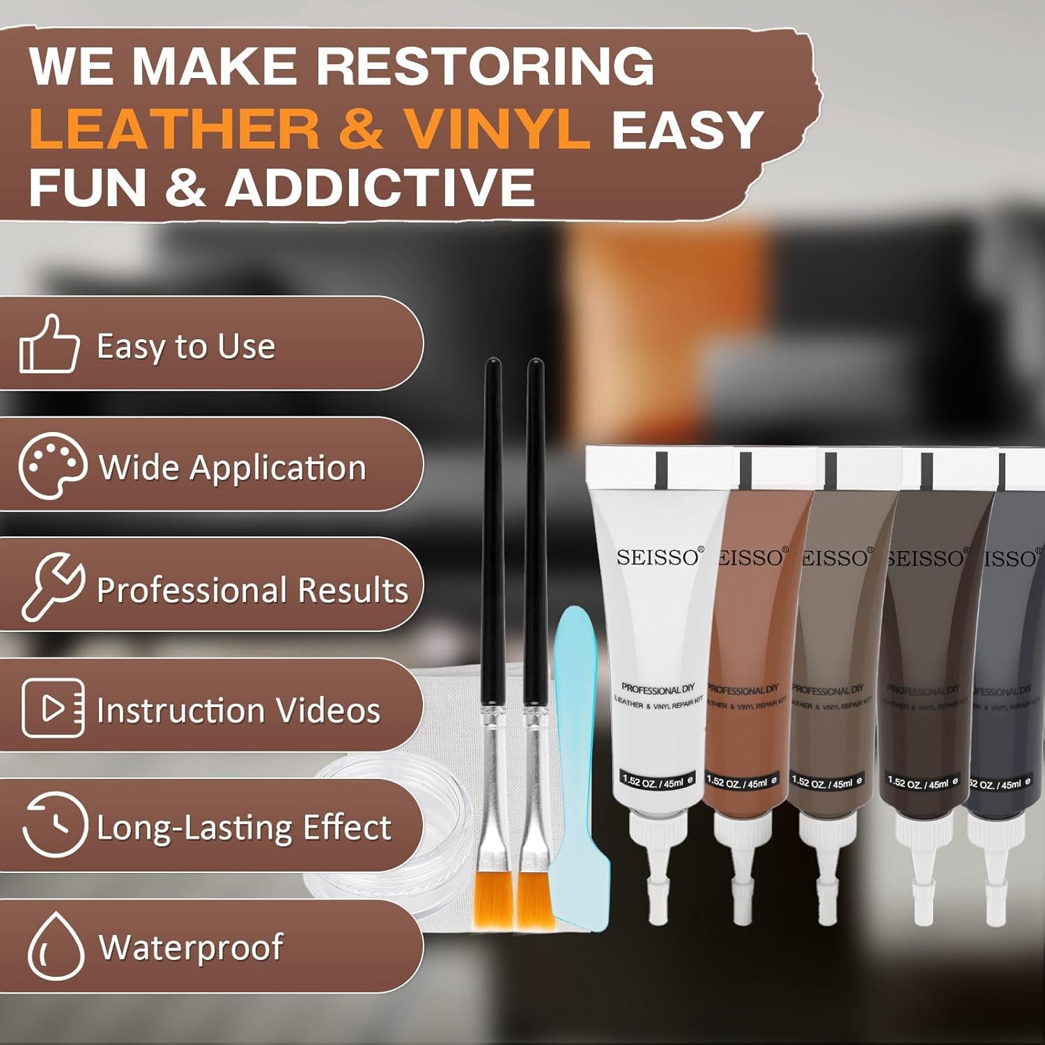 SEISSO 5-Color Leather Repair Kit for Sofa, Vinyl, Couch & Furniture – Fix Scratches, Tears, Holes