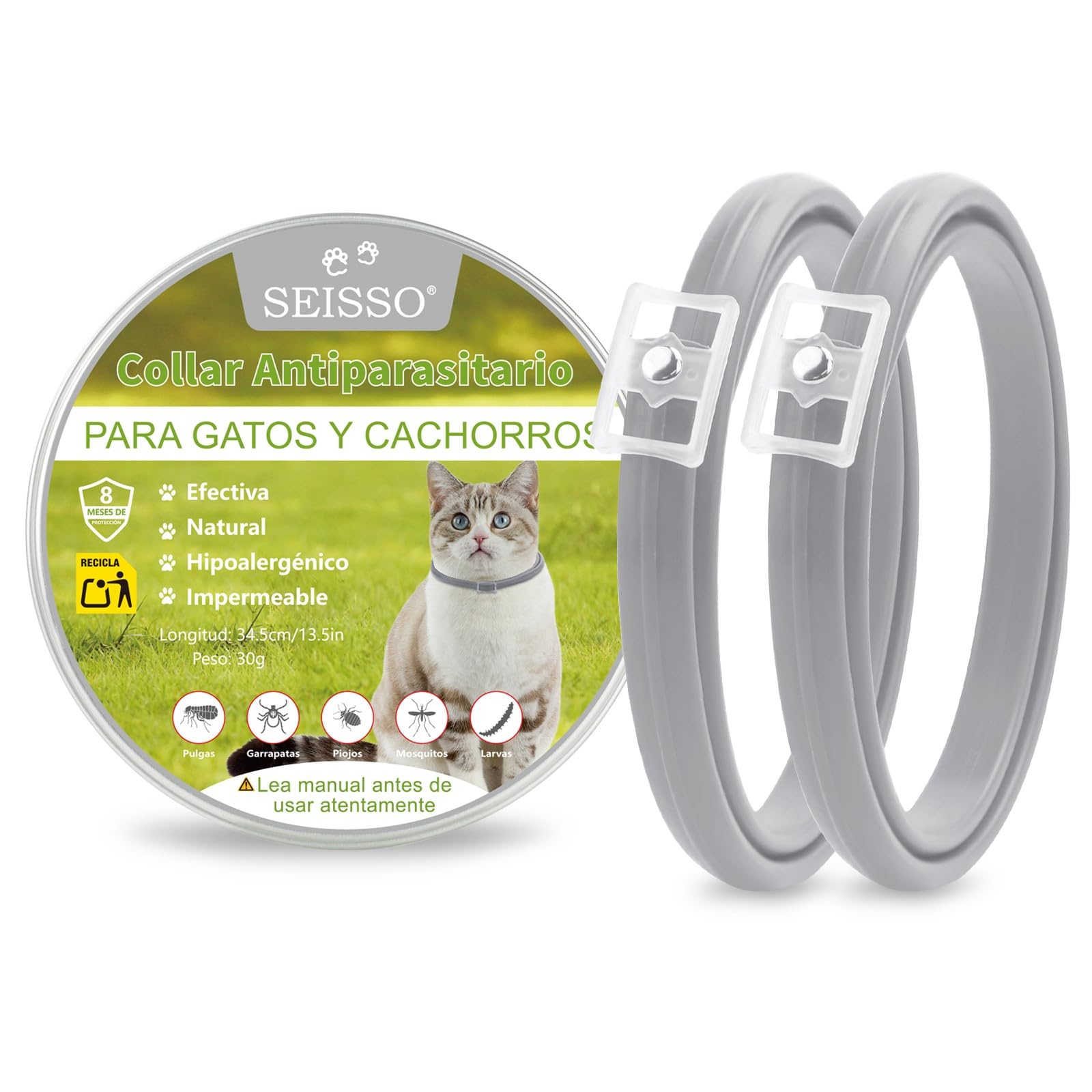 SEISSO 4 Anitparasitic Collars for Cats, Set of 4 Flea and Tick Collar with 24-32 Months Protection, Anti-Pale Collars for Small Dogs and Cats, 34.5 cm, Grey