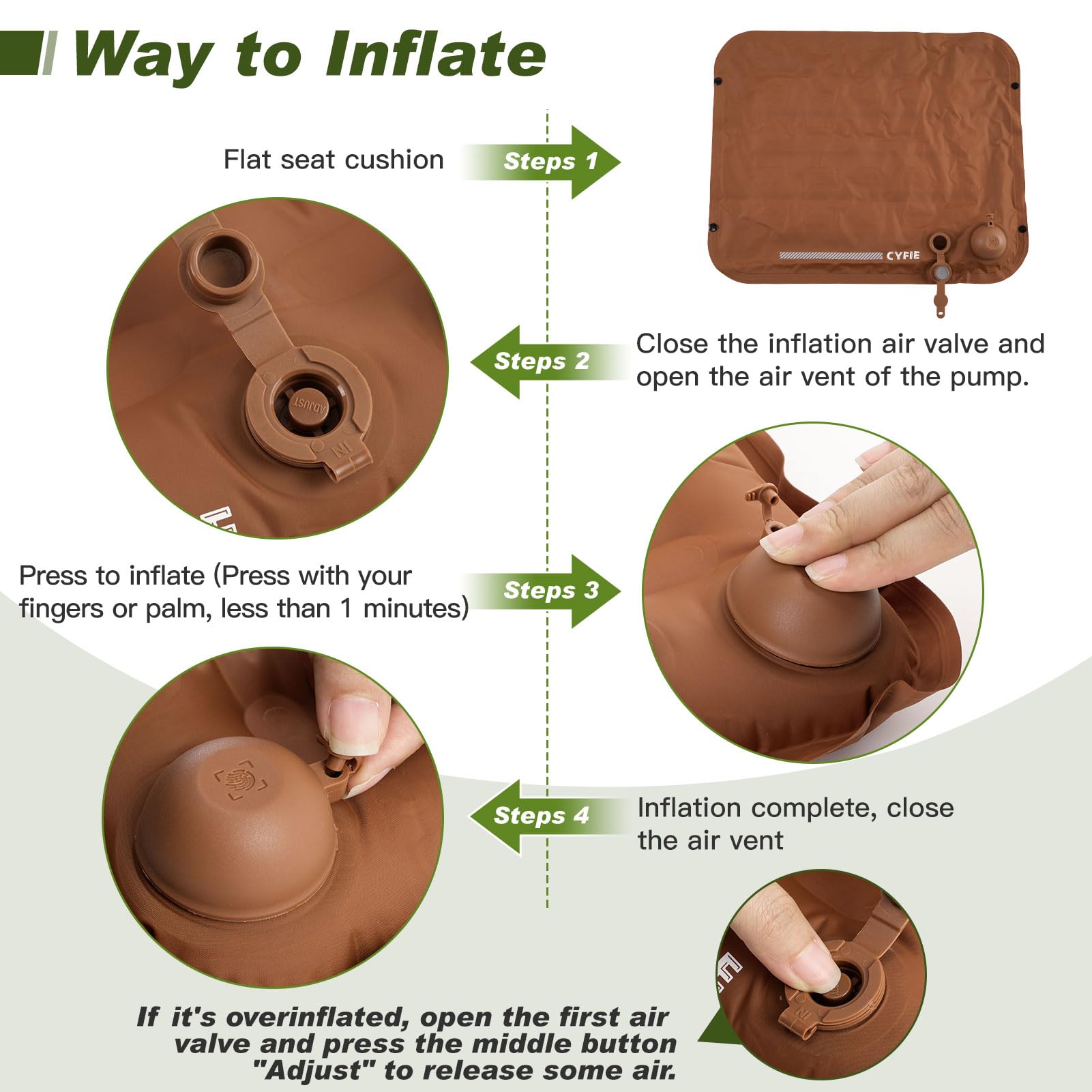 Cyfie Inflatable Seat Cushion for Travel, Portable Stadium Seat | 2.8" thick inflatable cushion, lightweight, water-resistant, ideal as an airplane seat cushion, camping pad and outdoor seat