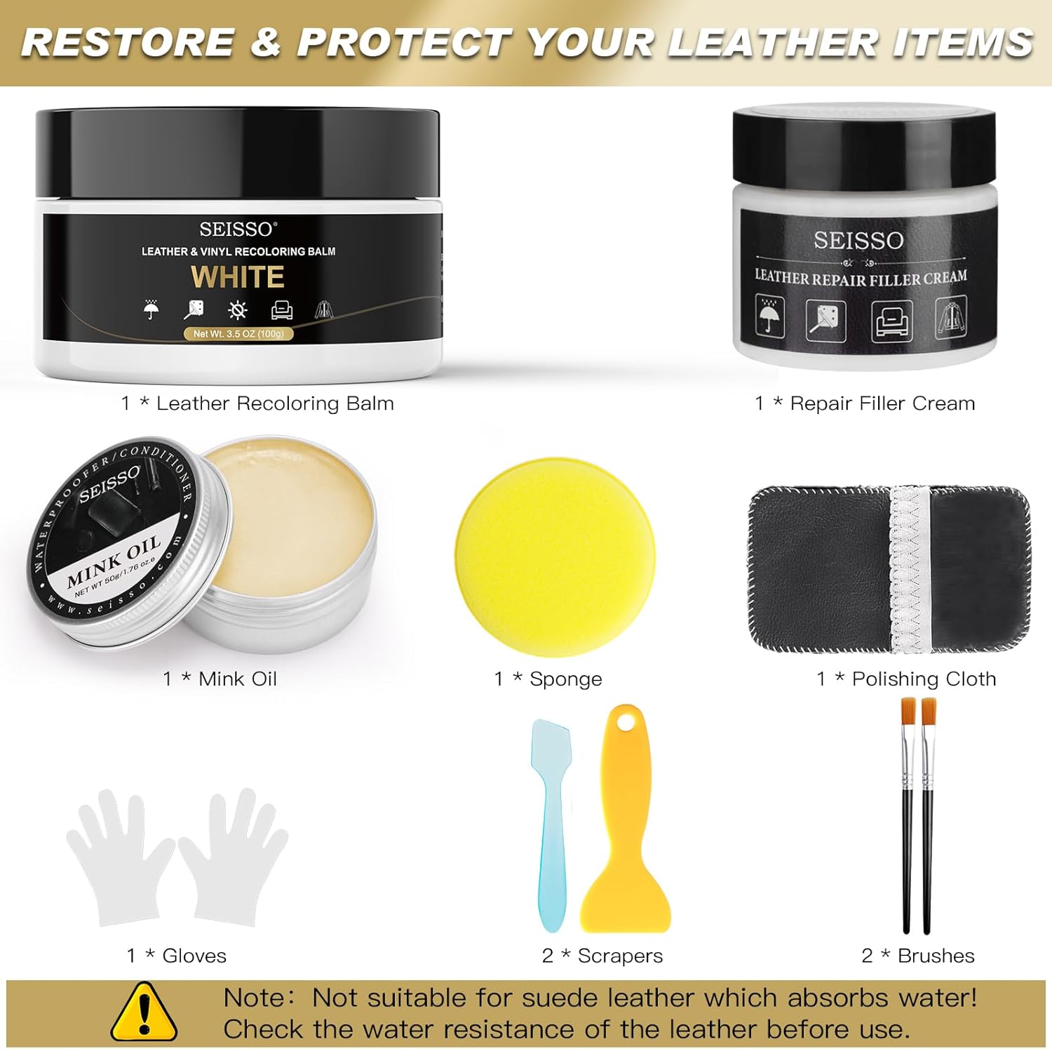 SEISSO White Leather Repair Kit with Recoloring Balm & Mink Oil for Furniture, Car Seats, Shoes & Sofa