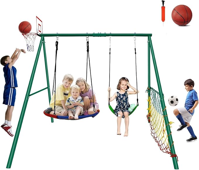 CYFIE Kids Outdoor Swing Set with Metal Frame, Saucer & Belt Swings, Basketball Hoop, Soccer Goal