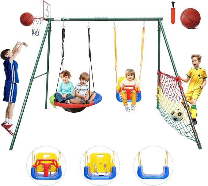 CYFIE Kids Outdoor Swing Set with Metal Frame, Saucer & Belt Swings, Basketball Hoop, Soccer Goal