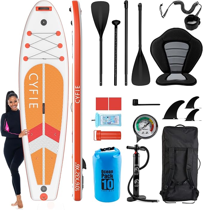 CYFIE 10'6" Inflatable Stand Up Paddle Board with Kayak Seat & Camera Mount for Yoga, Surf, Fishing, SUP Accessories Included