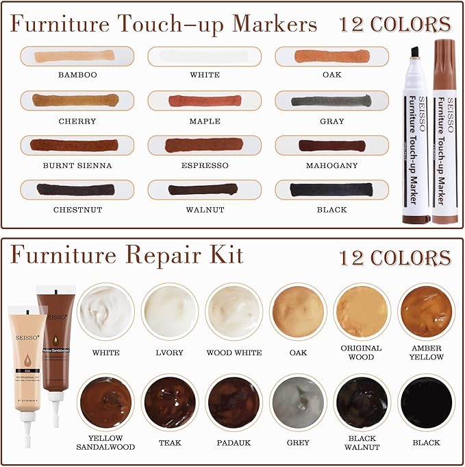 SEISSO Wood Furniture Repair Kit – 28pcs Fillers & Markers for Scratches & Cracks