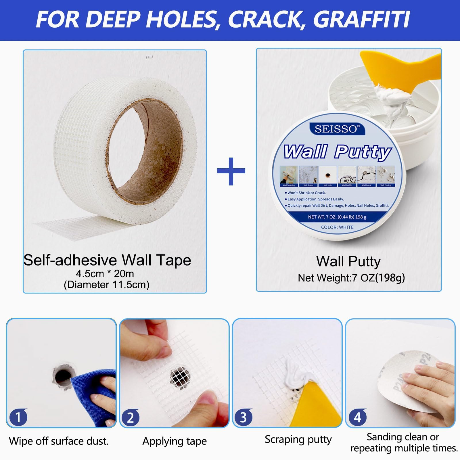 SEISSO Drywall Repair Kit, 500 g Wall Mending Agent- 2 Pack, Wall Spackle Repair Kit with Scraper, Patch for Wall Hole Filler, White Spackle Wall Repair Paste, Plaster Dent