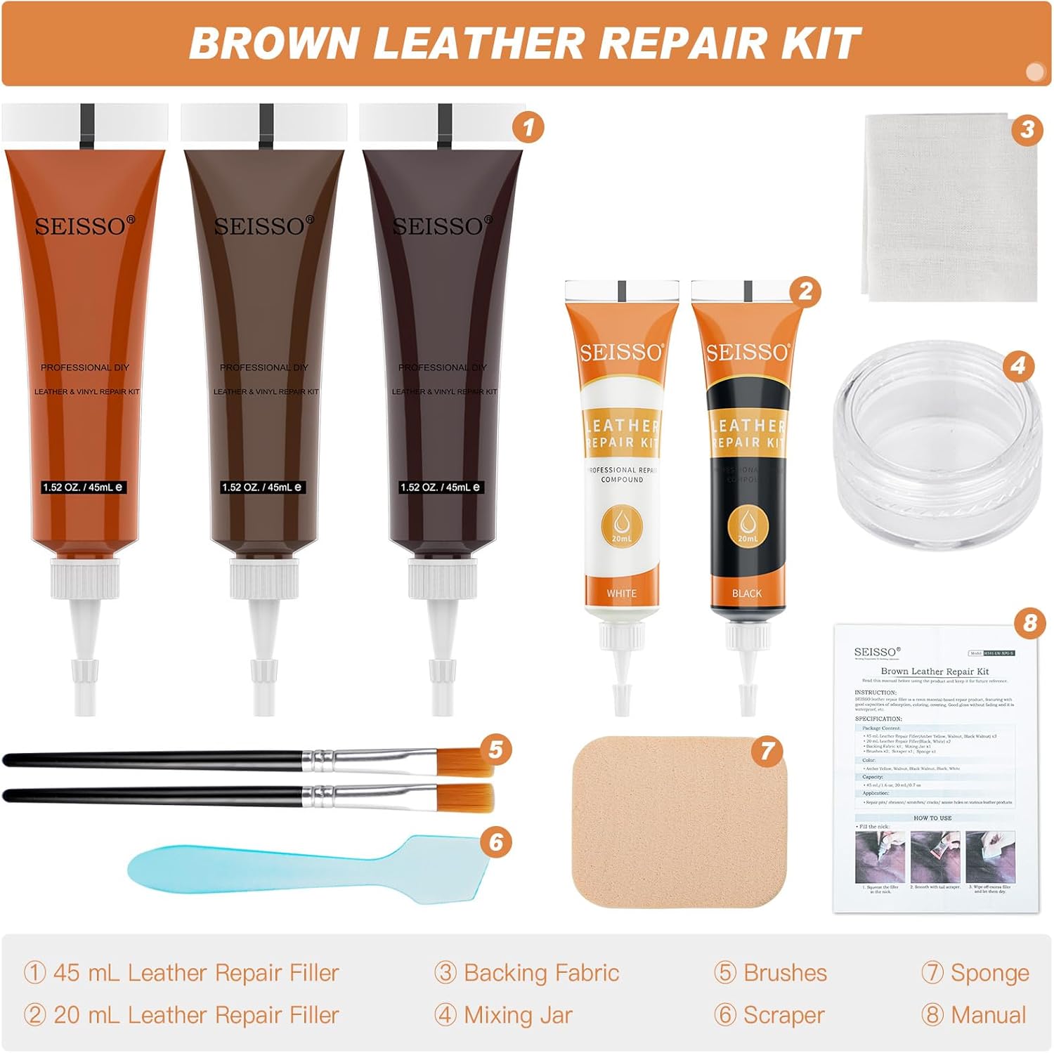 SEISSO Brown Leather Vinyl Repair Kit for Furniture Car Interior Couch Boat Seat
