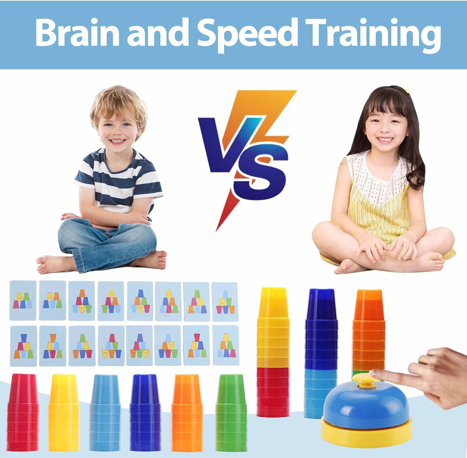 SEISSO Quick Stacking Cups, Stack Cups Set Engaging Educational Speed Training Cup Stacking Set for Kids Games, 30 Stack Cups with 54 Challenge Cards, 1 Bell