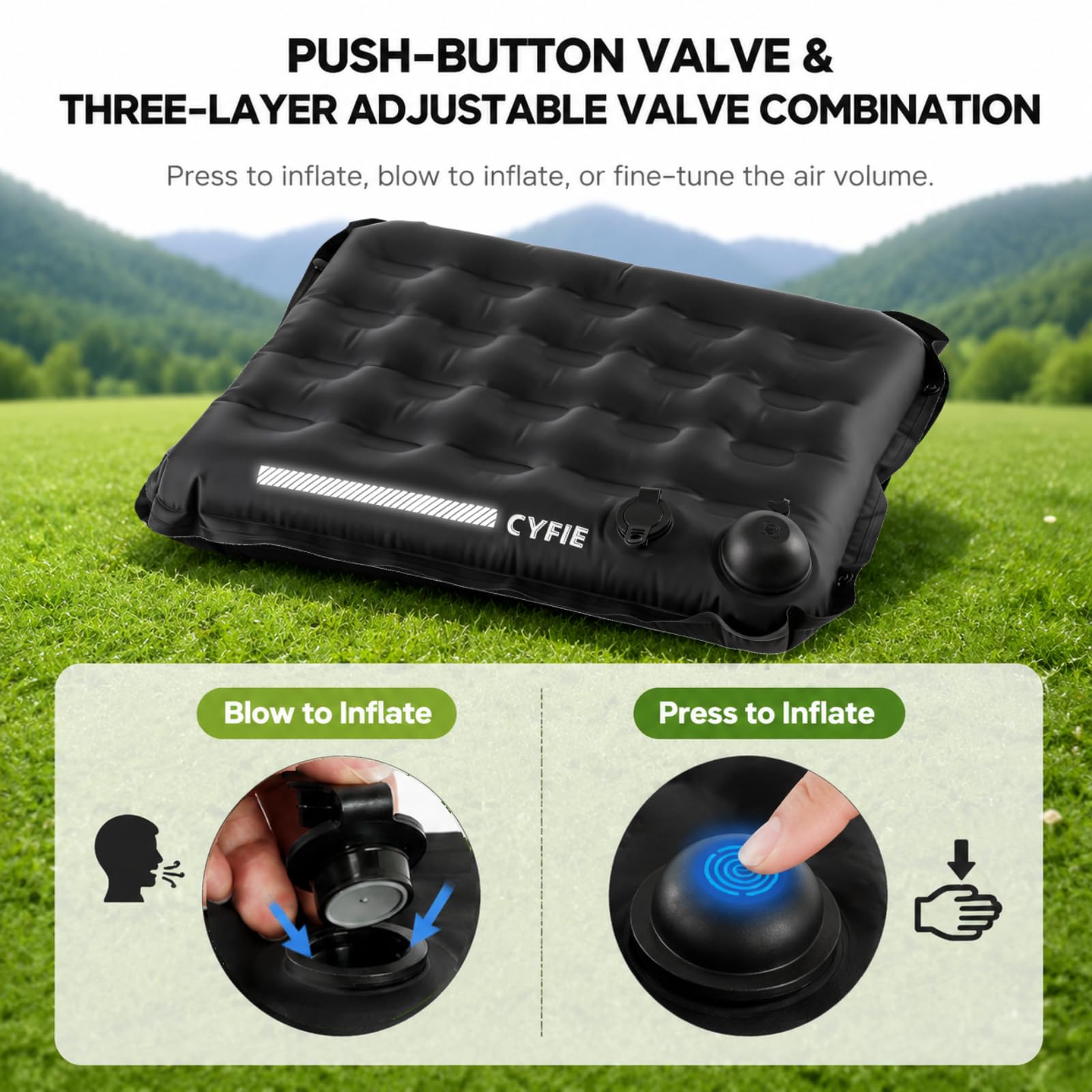 Cyfie Inflatable Seat Cushion for Travel, Portable Stadium Seat | 2.8" thick inflatable cushion, lightweight, water-resistant, ideal as an airplane seat cushion, camping pad and outdoor seat