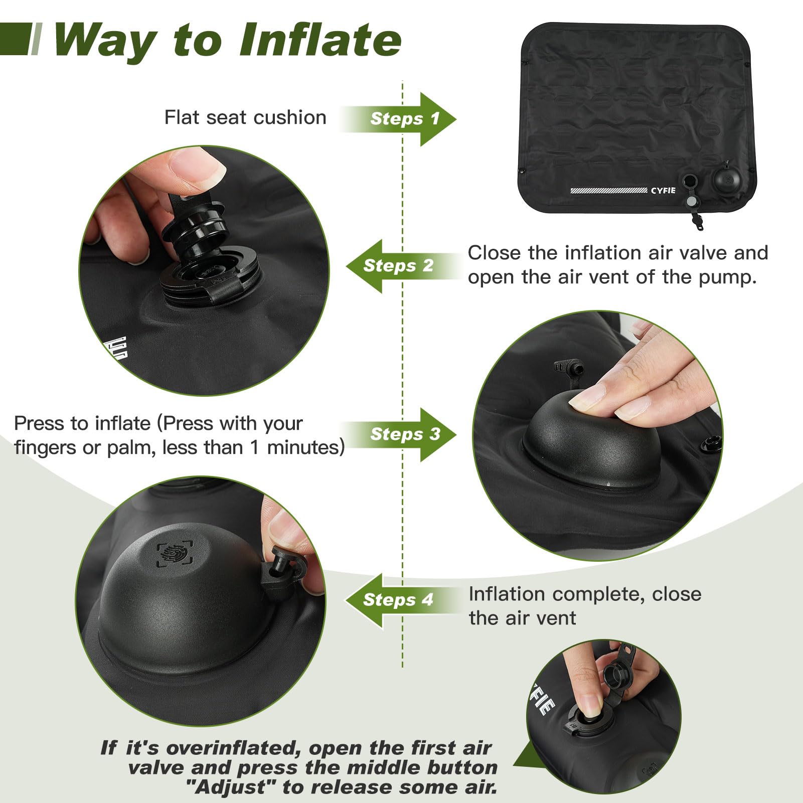 Cyfie Inflatable Seat Cushion for Travel, Portable Stadium Seat | 2.8" thick inflatable cushion, lightweight, water-resistant, ideal as an airplane seat cushion, camping pad and outdoor seat