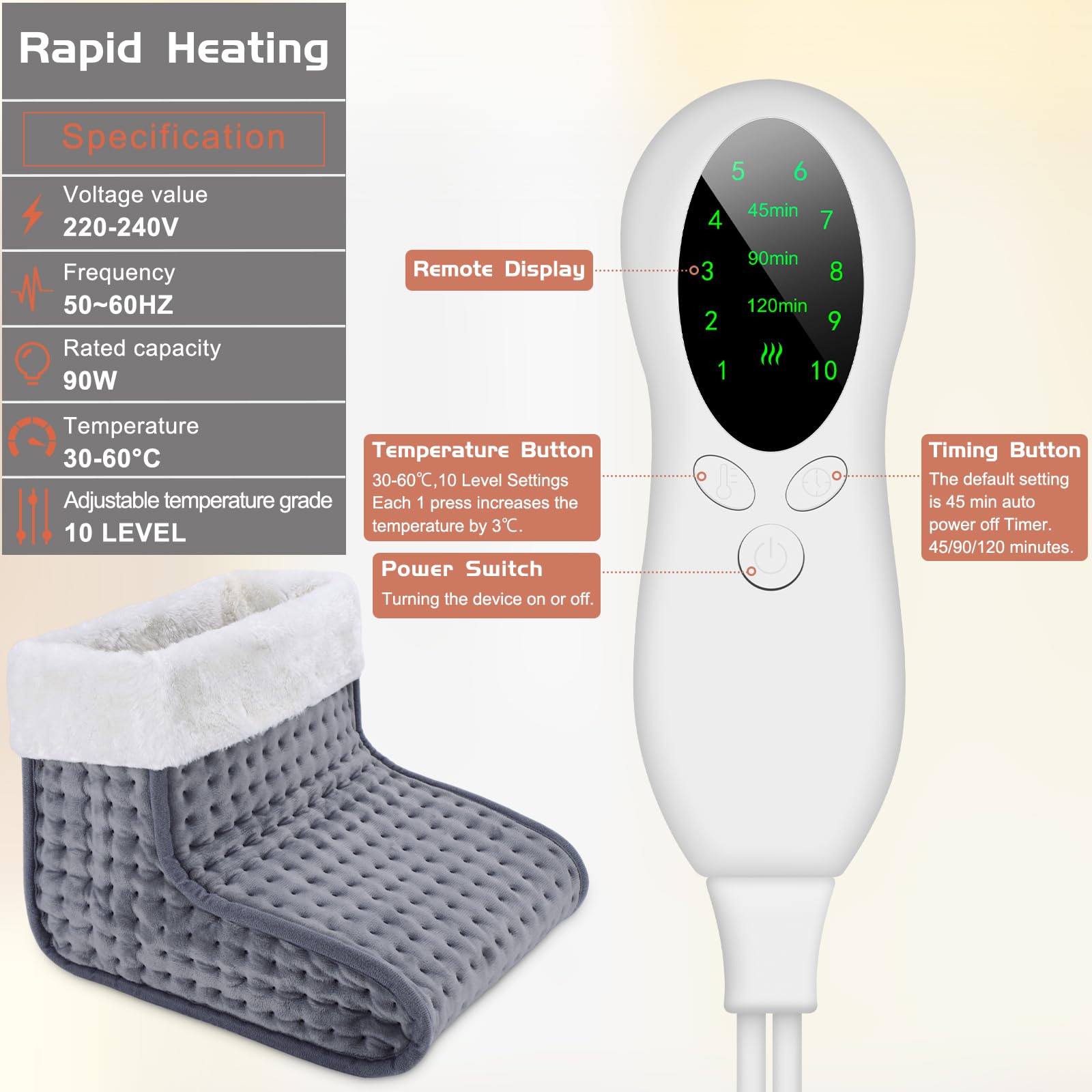 EU Plug – Double-Speed Heating Foot Warmer, 10 Adjustable Levels, Multi-Safety Protection, Washable Inner Lining | DEWEL