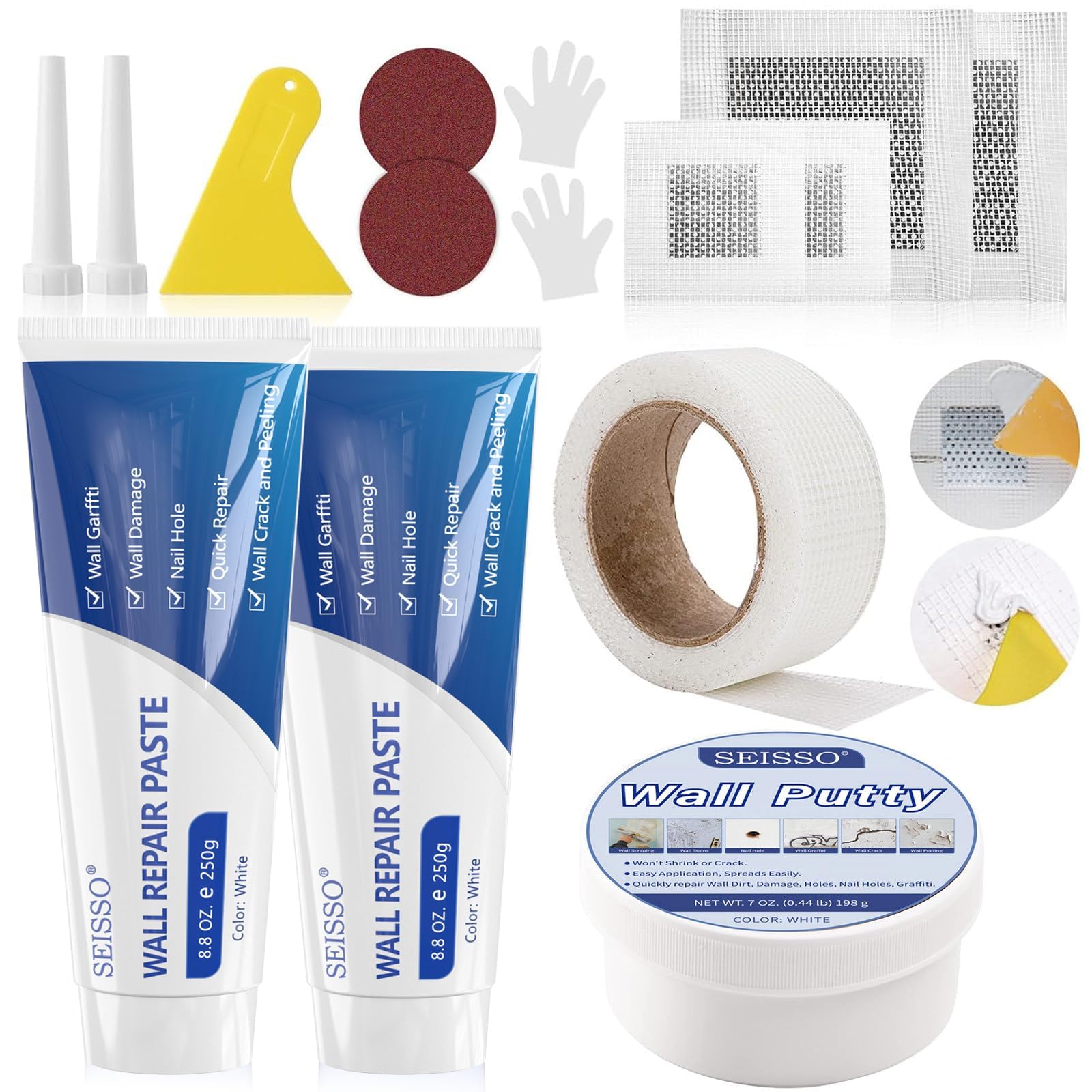 SEISSO Drywall Repair Kit, 500 g Wall Mending Agent- 2 Pack, Wall Spackle Repair Kit with Scraper, Patch for Wall Hole Filler, White Spackle Wall Repair Paste, Plaster Dent