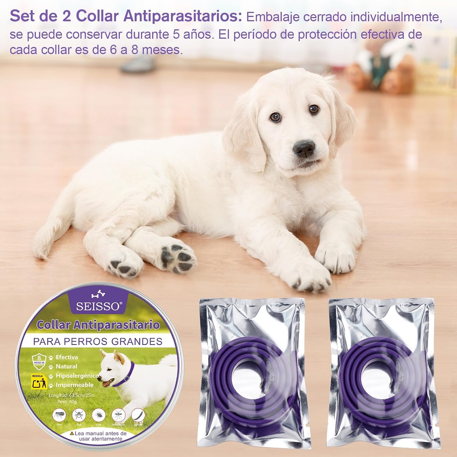 SEISSO 2 Flea Collar for Dogs, 63.5 cm, Purple