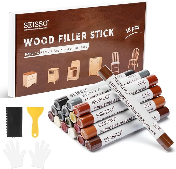 SEISSO Wood Filler Sticks – 18 Color Wax Crayons for Furniture Repair