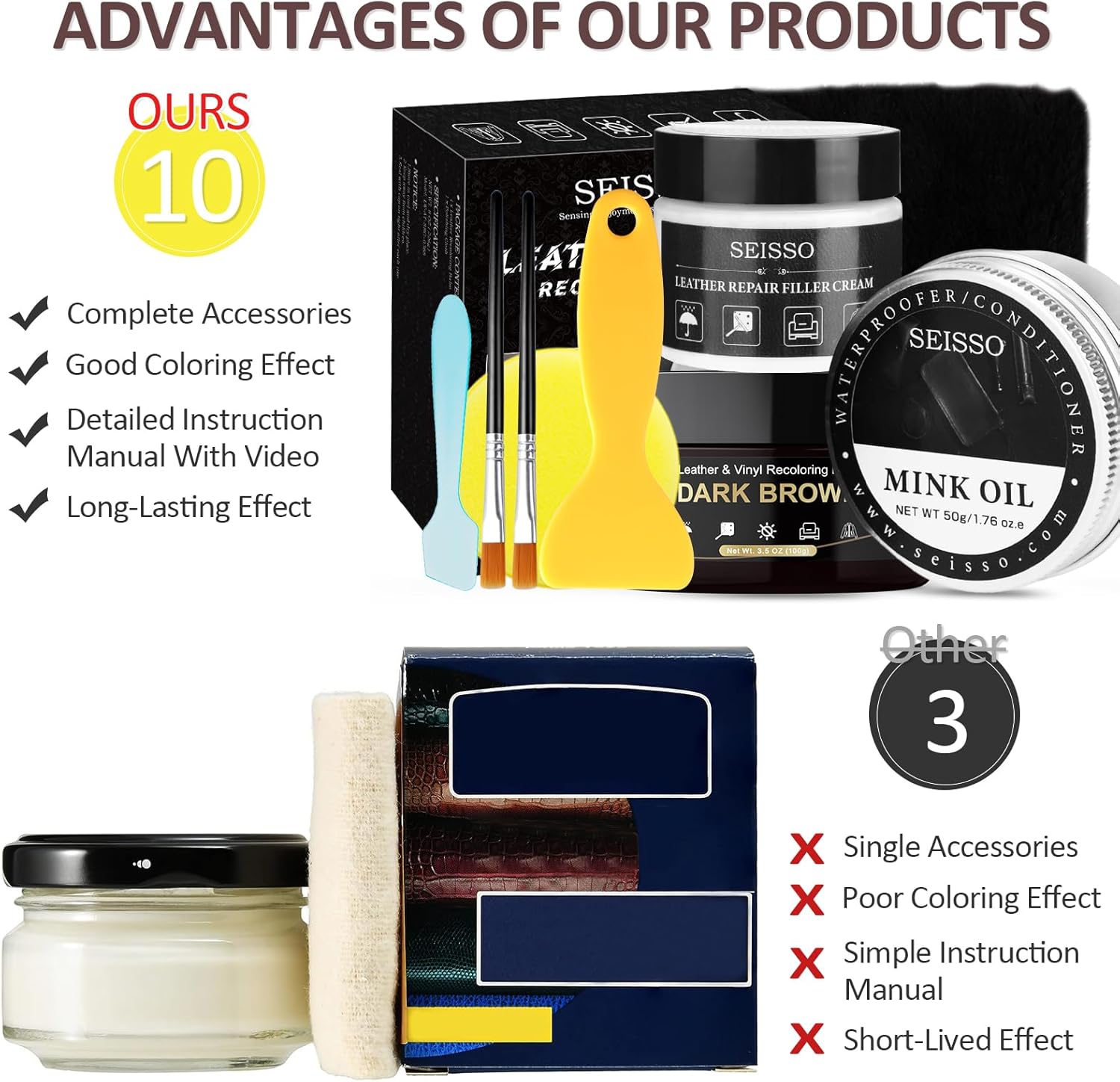 SEISSO Dark Brown Leather & Vinyl Repair Kit for Furniture & Car Seats