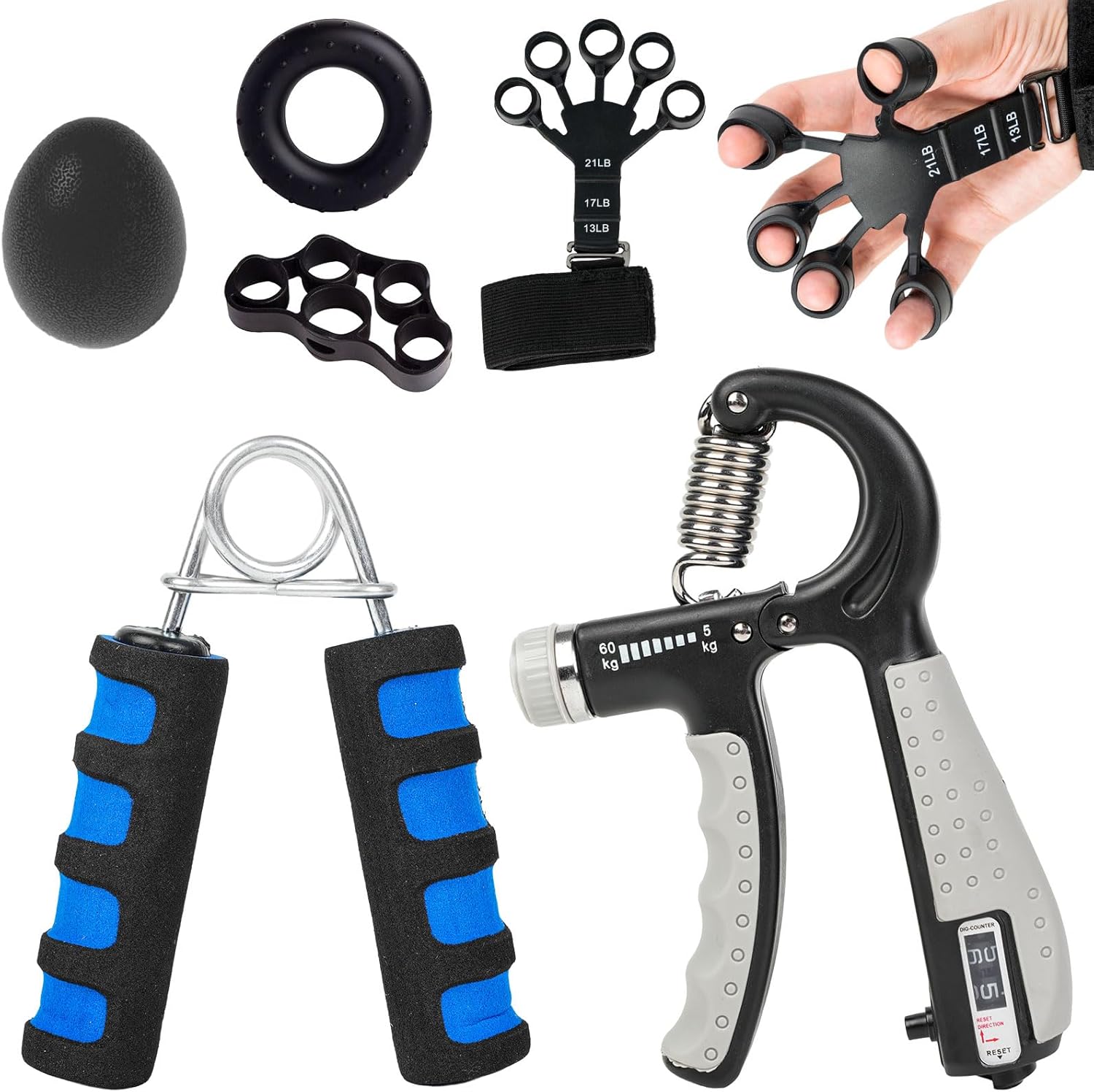 CYFIE Grip Strength Trainer Kit (6 Pack), 2 Forearm Strengthener with Adjustable, Finger Strengthener, Finger Exerciser, Stress Relief Ball & Grip Ring for Workout, Muscle Building and Recovery