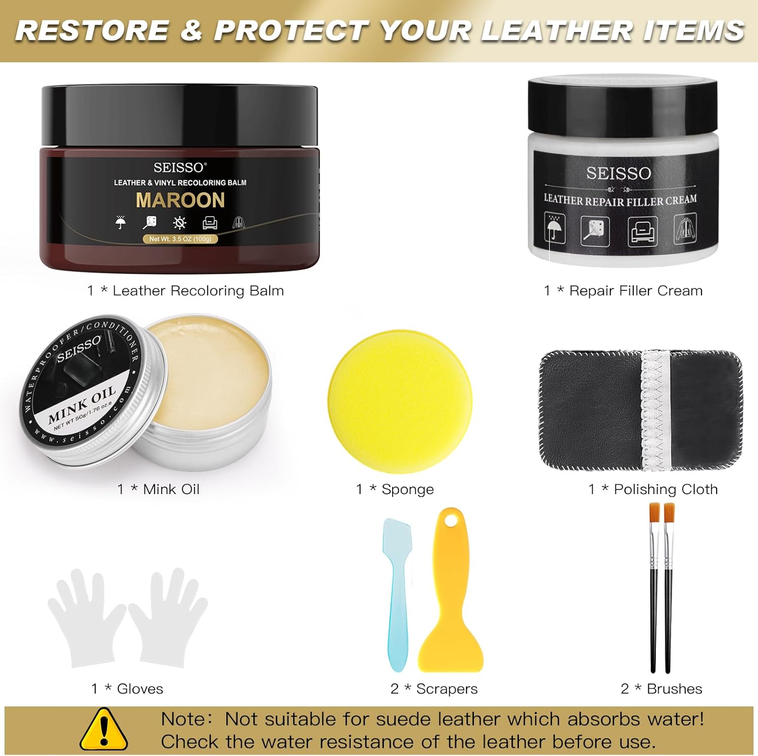 SEISSO Maroon Leather Repair Kit with Recoloring Balm & Mink Oil for Furniture, Shoes, Car Seats