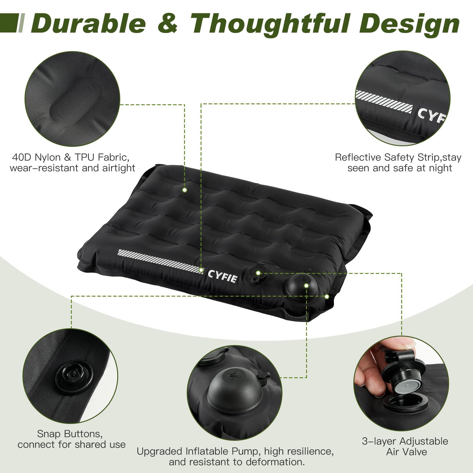 Cyfie Inflatable Seat Cushion for Travel, Portable Stadium Seat | 2.8" thick inflatable cushion, lightweight, water-resistant, ideal as an airplane seat cushion, camping pad and outdoor seat