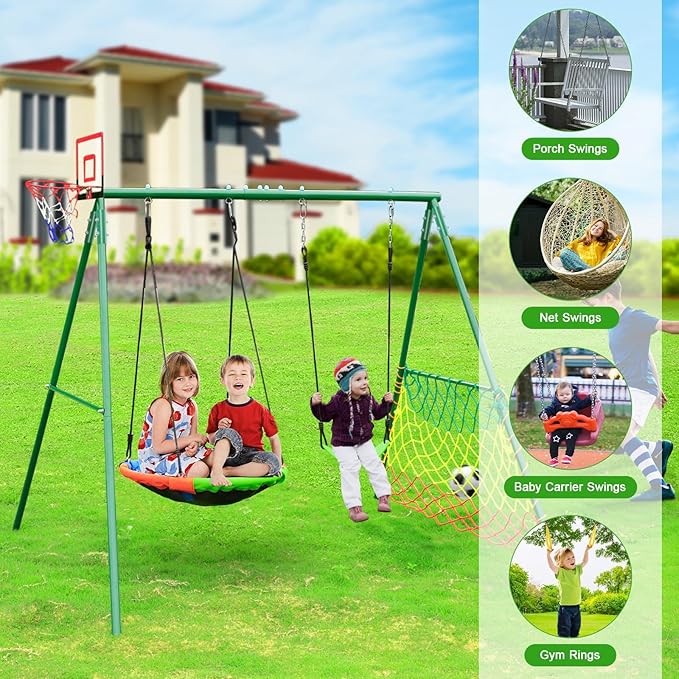 CYFIE Kids Outdoor Swing Set with Metal Frame, Saucer & Belt Swings, Basketball Hoop, Soccer Goal