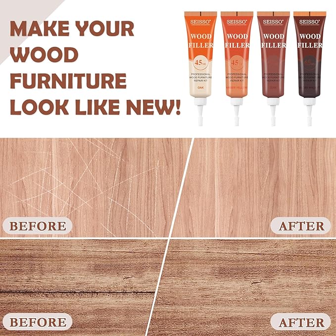 SEISSO Wood Repair Kit for Oak, Walnut & Laminate Furniture 45ml with 4 Color Fillers