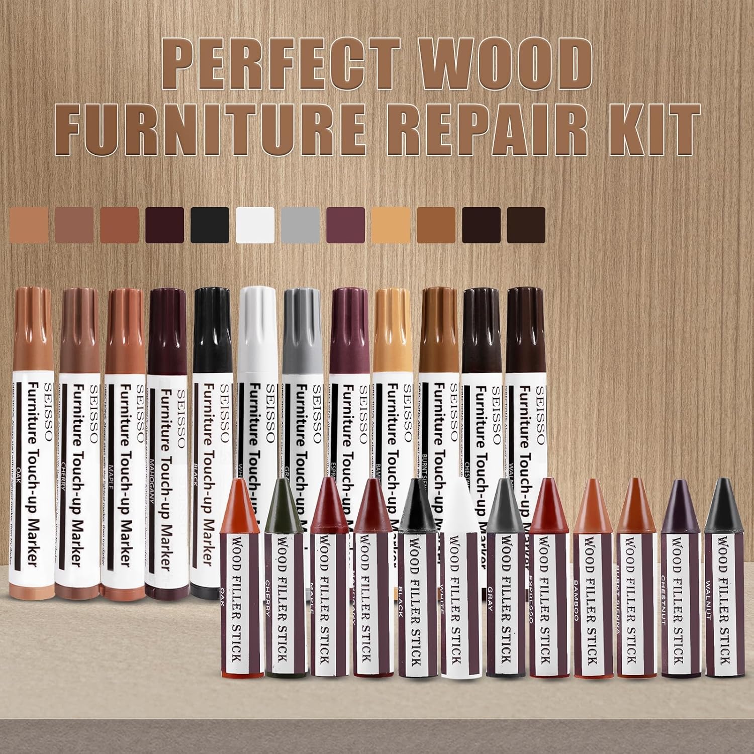 SEISSO Furniture Repair Kit 12 Colors Touch Up Markers and Wood Fillers for Scratches and Stains