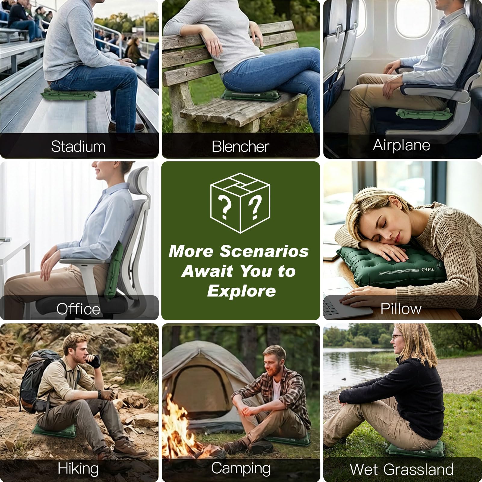 Cyfie Inflatable Seat Cushion for Travel, Portable Stadium Seat | 2.8" thick inflatable cushion, lightweight, water-resistant, ideal as an airplane seat cushion, camping pad and outdoor seat