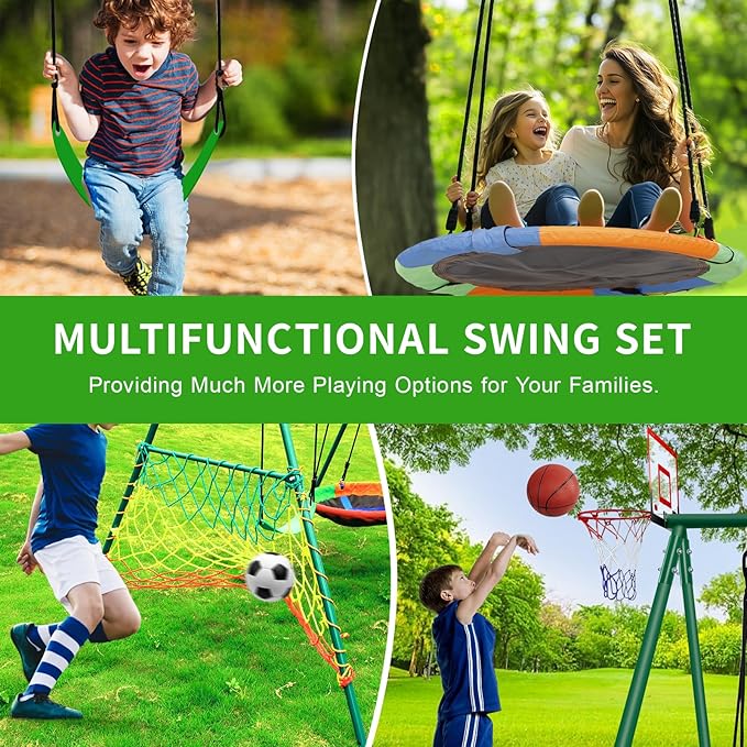 CYFIE Kids Outdoor Swing Set with Metal Frame, Saucer & Belt Swings, Basketball Hoop, Soccer Goal