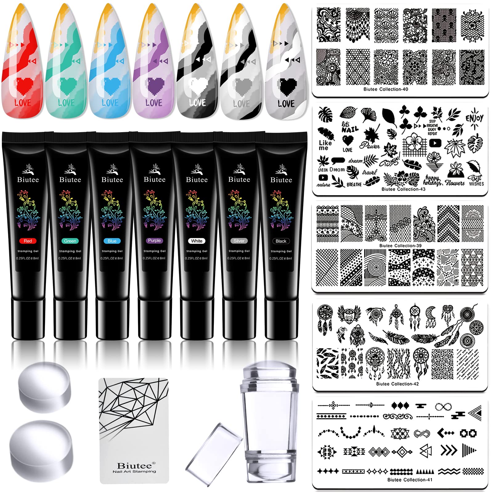 SEISSO 8 Colors Nail Stamping Polish Kit, Stamper & Templates, Peel Off Latex, Base & Top Coat, DIY Manicure Gift Set