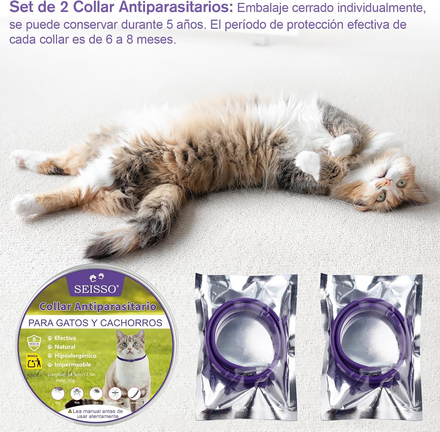 SEISSO 2 Flea Collars for Cats, Set of 2 Flea and Tick Collar with 6-8 Months Protection, Anti-Parasitic Collar 34.5 cm Adjustable for Small Dogs and Cats, Purple